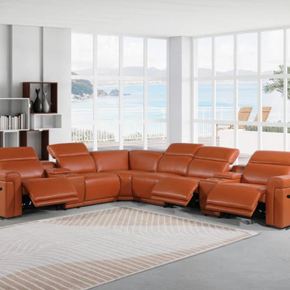 L-Shape Sectional Sofa: 8 - Piece Top Grain Italian Leather Power Reclining Sectional(Camel Genuine Leather)