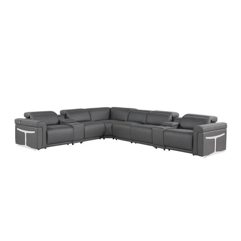 L-Shape Sectional Sofa: 8 - Piece Top Grain Italian Leather Power Reclining Sectional(Gray Genuine Leather)
