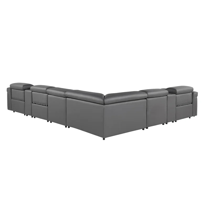 L-Shape Sectional Sofa: 8 - Piece Top Grain Italian Leather Power Reclining Sectional(Gray Genuine Leather)