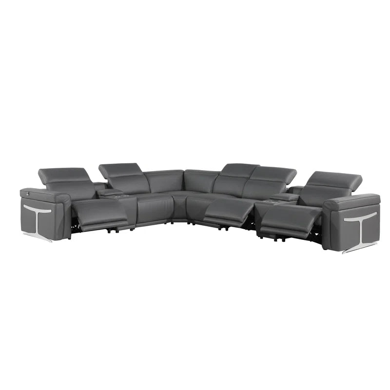 L-Shape Sectional Sofa: 8 - Piece Top Grain Italian Leather Power Reclining Sectional(Gray Genuine Leather)