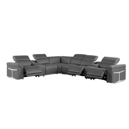 L-Shape Sectional Sofa: 8 - Piece Top Grain Italian Leather Power Reclining Sectional(Gray Genuine Leather)