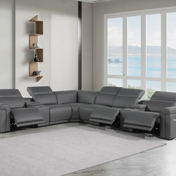 L-Shape Sectional Sofa: 8 - Piece Top Grain Italian Leather Power Reclining Sectional(Gray Genuine Leather)