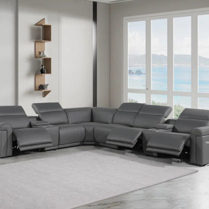 L-Shape Sectional Sofa: 8 - Piece Top Grain Italian Leather Power Reclining Sectional(Gray Genuine Leather)