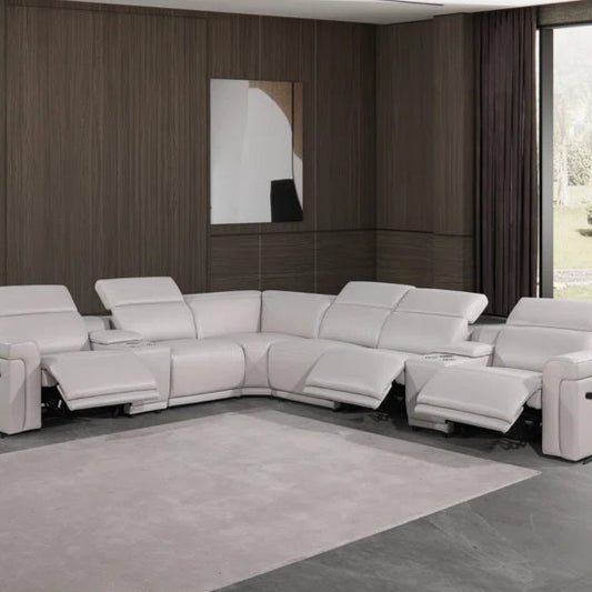 L-Shape Sectional Sofa: 8 - Piece Top Grain Italian Leather Power Reclining Sectional(Light Gray Genuine Leather)