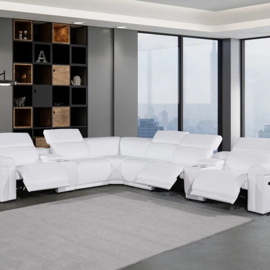 L-Shape Sectional Sofa: 8 - Piece Top Grain Italian Leather Power Reclining Sectional(White Gray Genuine Leather)