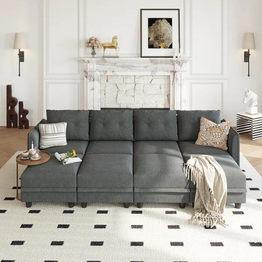 U-Shape Sectional Sofa: 8 - Piece Upholstered Modular Sectional Sofa with Storage Ottoman(Black Polyester Blend)