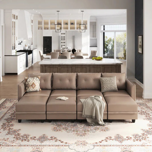 U-Shape Sectional Sofa: 8 - Piece Upholstered Modular Sectional Sofa with Storage Ottoman(Brown Polyester Blend)
