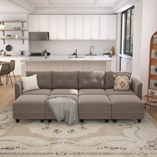 U-Shape Sectional Sofa: 8 - Piece Upholstered Modular Sectional Sofa with Storage Ottoman(Camel Polyester Blend)