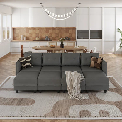 U-Shape Sectional Sofa: 8 - Piece Upholstered Modular Sectional Sofa with Storage Ottoman(Gray Polyester Blend)