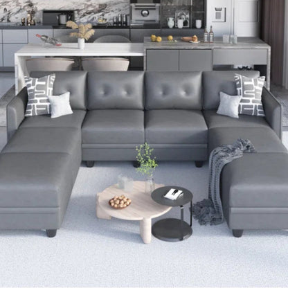 U-Shape Sectional Sofa: 8 - Piece Upholstered Modular Sectional Sofa with Storage Ottoman(Gray Polyester Blend)