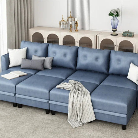 U-Shape Sectional Sofa: 8 - Piece Upholstered Modular Sectional Sofa with Storage Ottoman(Sky Blue Polyester Blend)