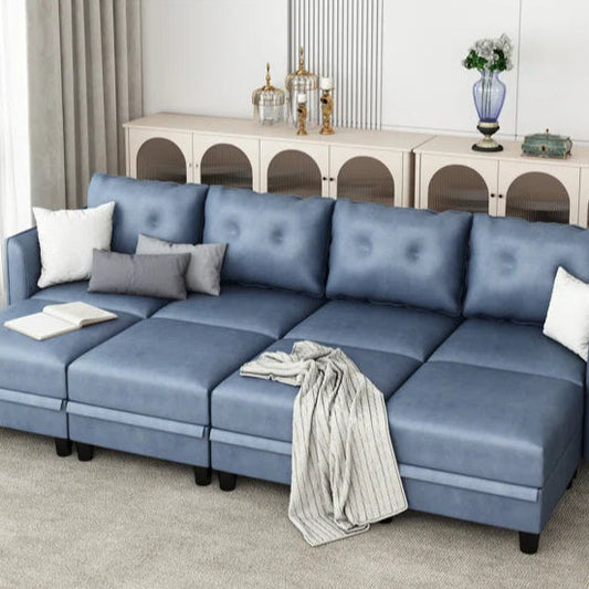 U-Shape Sectional Sofa: 8 - Piece Upholstered Modular Sectional Sofa with Storage Ottoman(Sky Blue Polyester Blend)