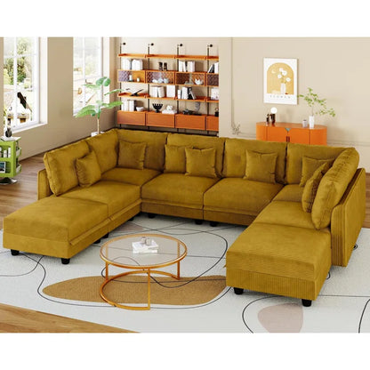 8 Seater Sofa: 8 Seat Corduroy Convertible Modular Sectional Sleeper With Storage(Yellow Corduroy)
