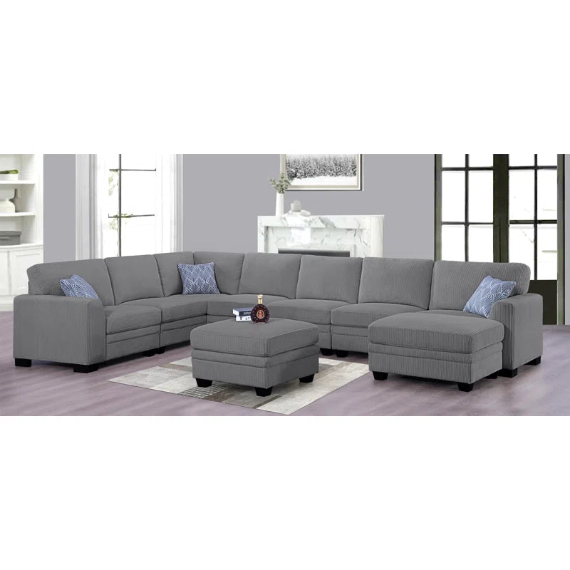 U-Shape Sectional Sofa: 9 - Piece Upholstered Sectional(Gray Corduroy)