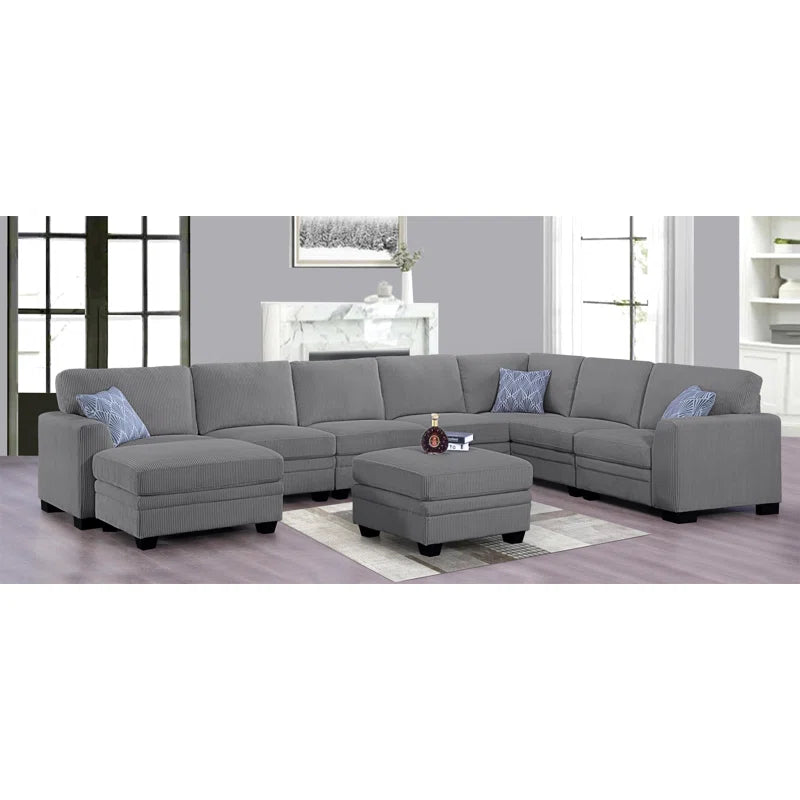 U-Shape Sectional Sofa: 9 - Piece Upholstered Sectional(Gray Corduroy)