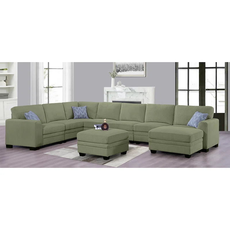 U-Shape Sectional Sofa: 9 - Piece Upholstered Sectional(Green Corduroy)