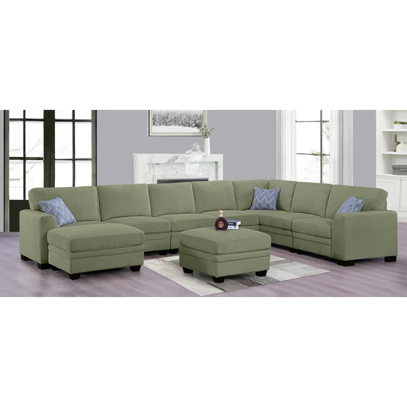 U-Shape Sectional Sofa: 9 - Piece Upholstered Sectional(Green Corduroy)