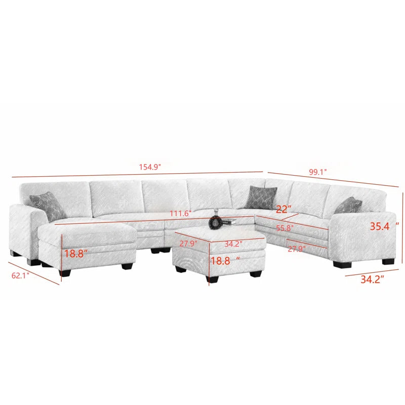 U-Shape Sectional Sofa: 9 - Piece Upholstered Sectional(Green Corduroy)