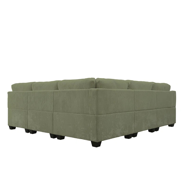 U-Shape Sectional Sofa: 9 - Piece Upholstered Sectional(Green Corduroy)