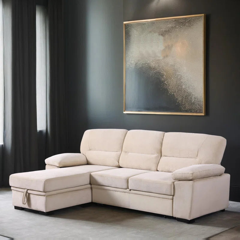 L-Shape Sectional Sofa: 98" Velvet Reversible Sleeper Sectional Sofa Bed with Chaise(Beige Velvet)