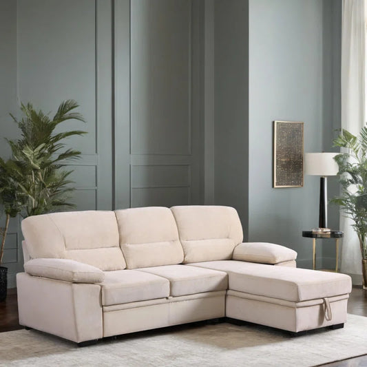 L-Shape Sectional Sofa: 98" Velvet Reversible Sleeper Sectional Sofa Bed with Chaise(Beige Velvet)