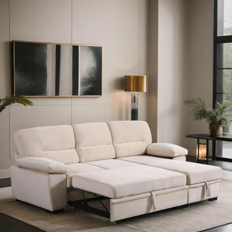 L-Shape Sectional Sofa: 98" Velvet Reversible Sleeper Sectional Sofa Bed with Chaise(Beige Velvet)
