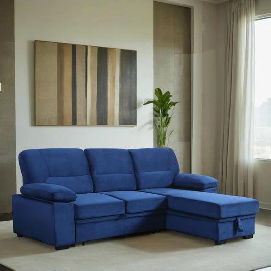 L-Shape Sectional Sofa: 98" Velvet Reversible Sleeper Sectional Sofa Bed with Chaise(Blue Velvet)
