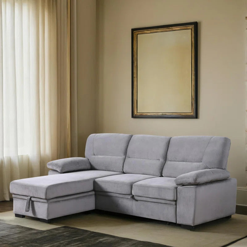 L-Shape Sectional Sofa: 98" Velvet Reversible Sleeper Sectional Sofa Bed with Chaise(Gray Velvet)