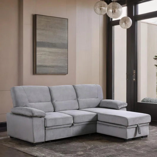 L-Shape Sectional Sofa: 98" Velvet Reversible Sleeper Sectional Sofa Bed with Chaise(Gray Velvet)