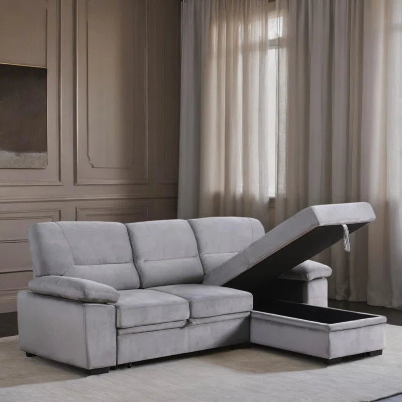 L-Shape Sectional Sofa: 98" Velvet Reversible Sleeper Sectional Sofa Bed with Chaise(Gray Velvet)