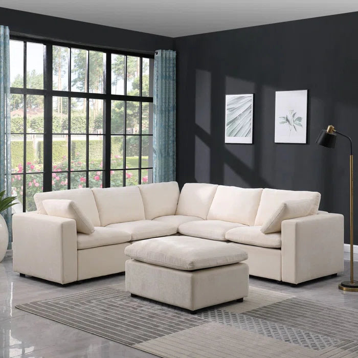 L- Shape Sectional Sofa: 6 - Piece Chenille Upholstered Sectional(Beige)