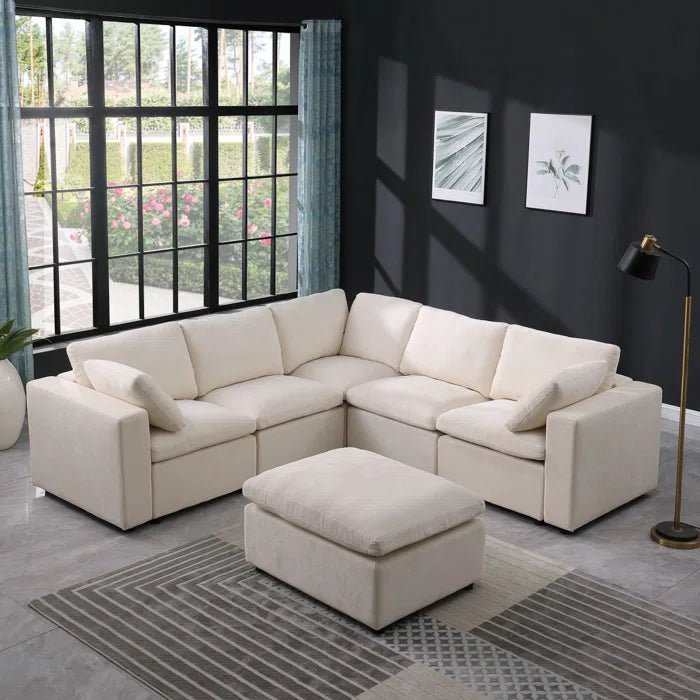 L- Shape Sectional Sofa: 6 - Piece Chenille Upholstered Sectional(Beige)