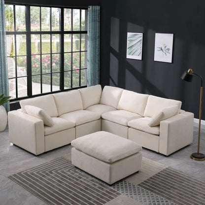 L- Shape Sectional Sofa: 6 - Piece Chenille Upholstered Sectional(Beige)