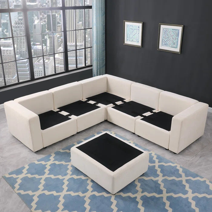 L- Shape Sectional Sofa: 6 - Piece Chenille Upholstered Sectional(Beige)