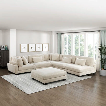 L Shape Sectional Sofa: 135”W Modern Corduroy Track Arm Modular Sectional Sofa(Beige Corduroy)