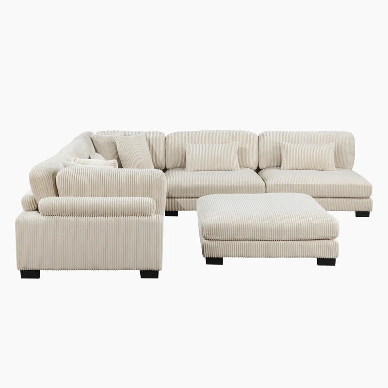 L Shape Sectional Sofa: 135”W Modern Corduroy Track Arm Modular Sectional Sofa(Beige Corduroy)