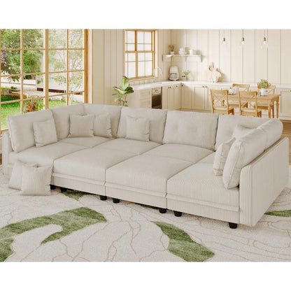 8 Seat Corduroy Straight Modular Sectional Sleeper With Storage(Beige Corduroy)