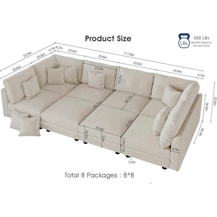 8 Seat Corduroy Straight Modular Sectional Sleeper With Storage(Beige Corduroy)