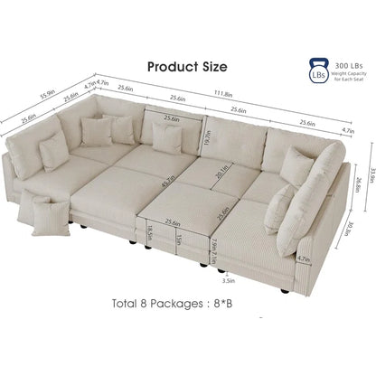 8 Seat Corduroy Straight Modular Sectional Sleeper With Storage(Beige Corduroy)