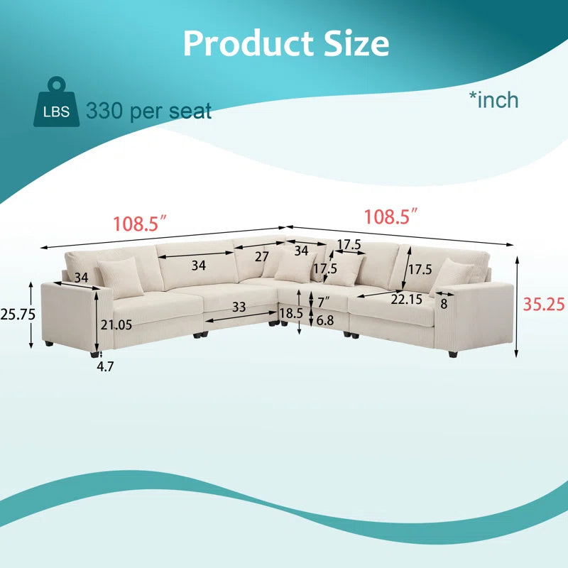 L Shape Sectional Sofa: 108.5"W Corduroy Upholstered 5 - Piece Sectional Sofa(Beige Corduroy)