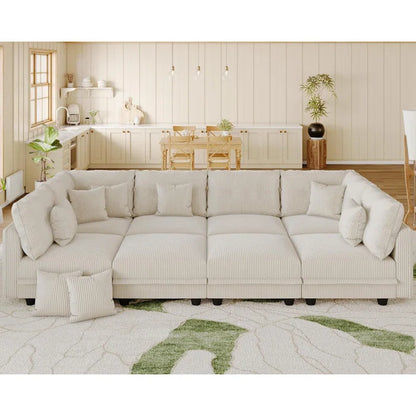 8 Seat Corduroy Straight Modular Sectional Sleeper With Storage(Beige Corduroy)