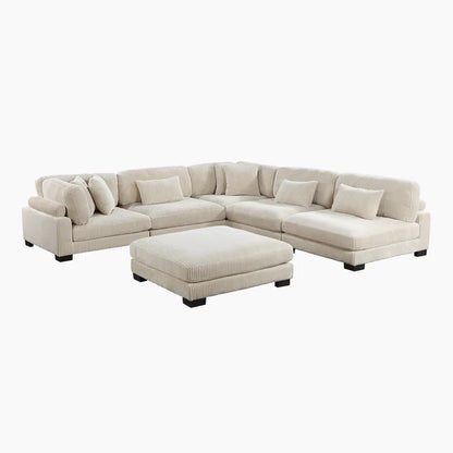 L Shape Sectional Sofa: 135”W Modern Corduroy Track Arm Modular Sectional Sofa(Beige Corduroy)