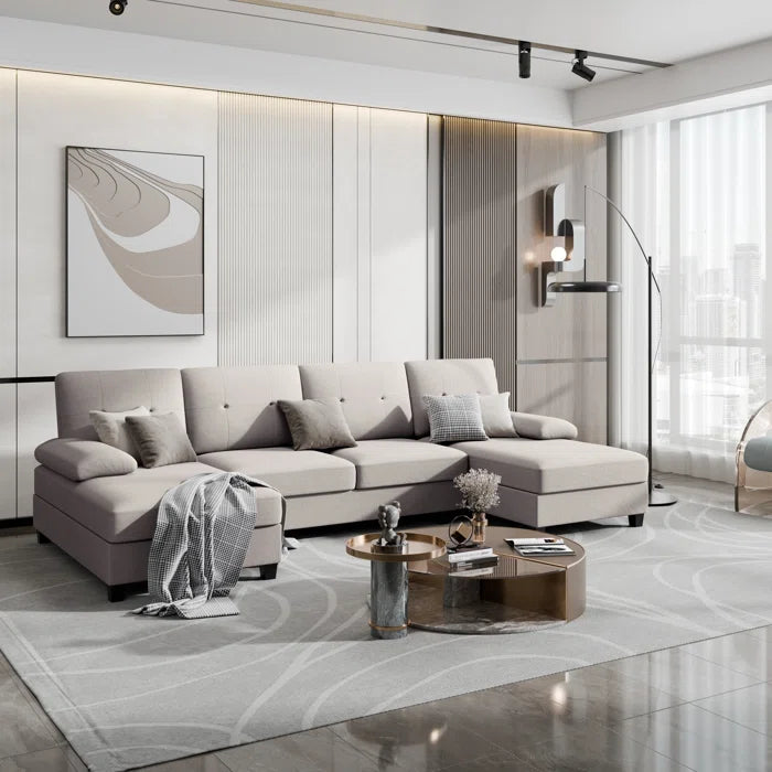 U- Shape Sectional Sofa: 106" Modular Upholstered Sectional 3-Piece Sectional for Living Room(Beige Cotton Blend)