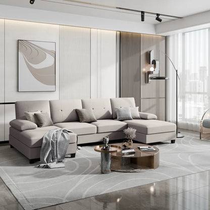 U- Shape Sectional Sofa: 106" Modular Upholstered Sectional 3-Piece Sectional for Living Room(Beige Cotton Blend)