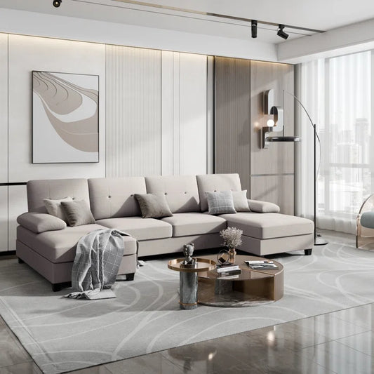 U- Shape Sectional Sofa: 106" Modular Upholstered Sectional 3-Piece Sectional for Living Room(Beige Cotton Blend)