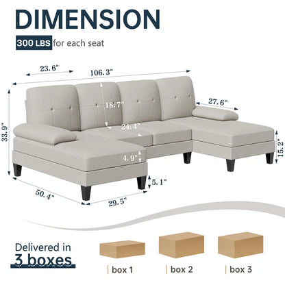 U- Shape Sectional Sofa: 106" Modular Upholstered Sectional 3-Piece Sectional for Living Room(Beige Cotton Blend)