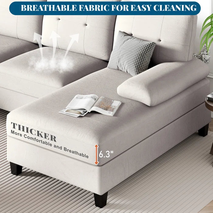 U- Shape Sectional Sofa: 106" Modular Upholstered Sectional 3-Piece Sectional for Living Room(Beige Cotton Blend)