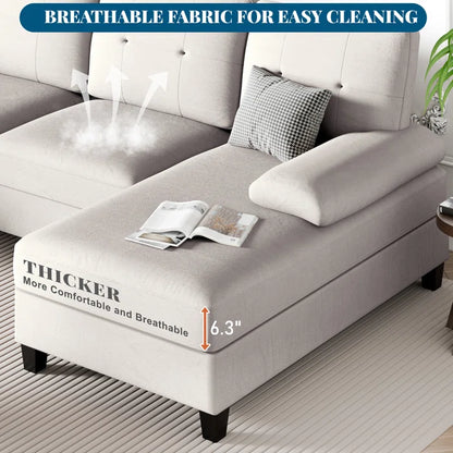 U- Shape Sectional Sofa: 106" Modular Upholstered Sectional 3-Piece Sectional for Living Room(Beige Cotton Blend)