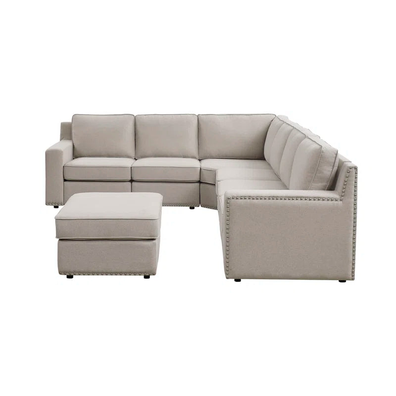 L- Shape Sectional Sofa: 7 - Piece Modular Corner Sectional(Beige Polyester Blend)