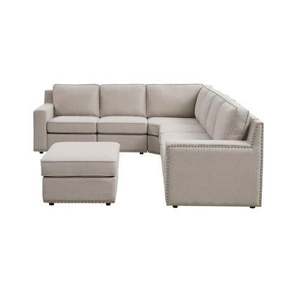 L- Shape Sectional Sofa: 7 - Piece Modular Corner Sectional(Beige Polyester Blend)